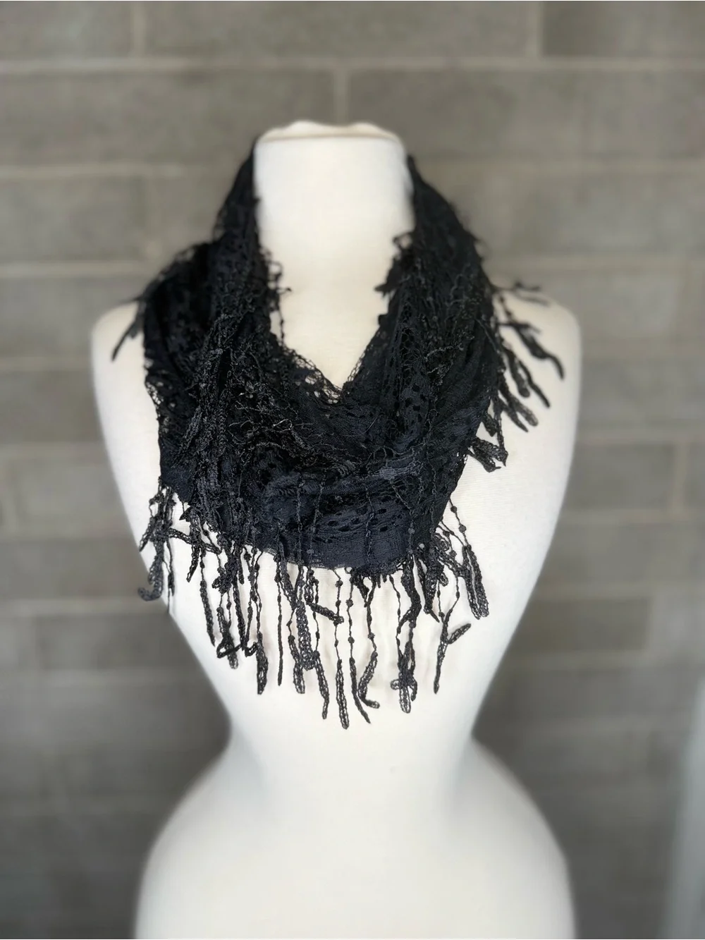 Black Lace Infinity Scarf Fringe Sheer Boho Gothic Festival Lightweight Wrap OS